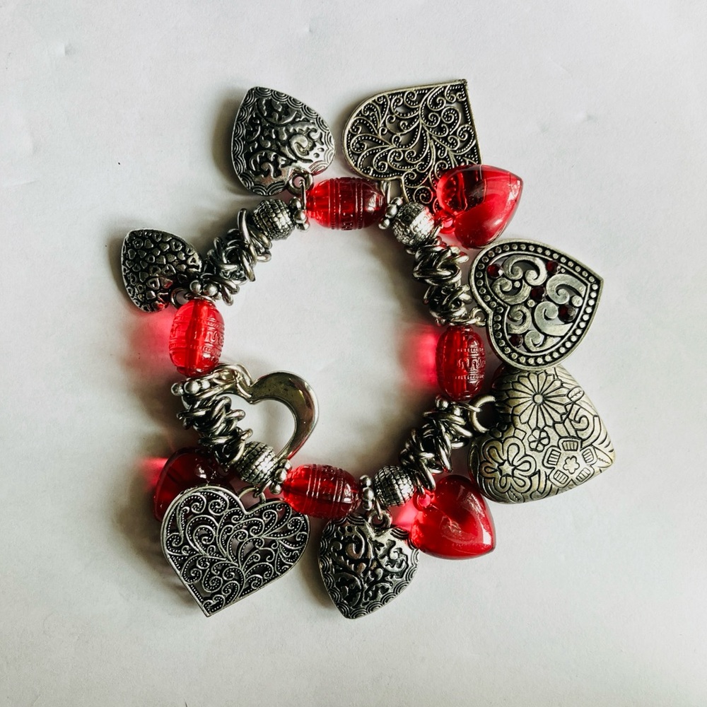 Brighton Silver and Red Heart Charm Bracelet
